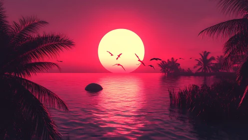 Neon tropic sunset ignites palm silhouettes and quiet tides.