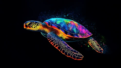 Neon sea turtle gliding through luminous cosmic darkness.