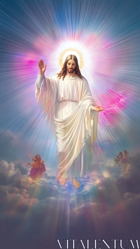Radiant Christ figure ascending above glowing celestial clouds.