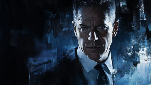 Steel-eyed executive carved from midnight brushstrokes.