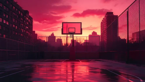 Urban rooftop basketball court at reflective wet dusk horizon