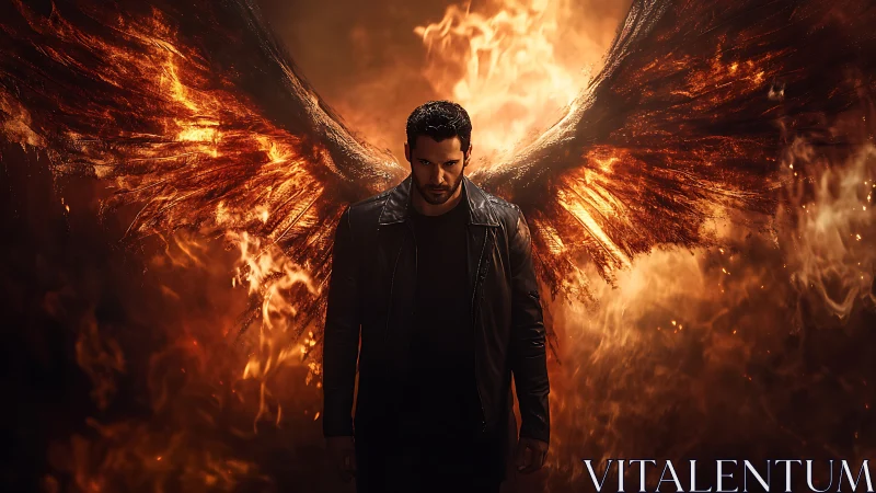 Winged male figure in leather jacket against fiery backdrop.