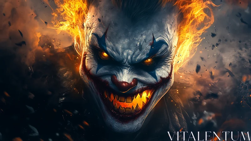 Demonic clown portrait with flaming hair and molten grin.