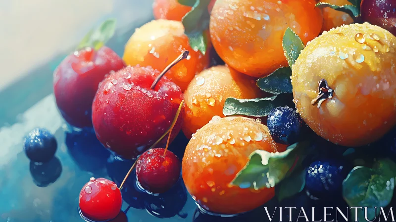 Hyperreal citrus and berries with water droplets on blue surface