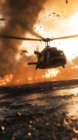 Military utility helicopter skimming blast-scorched roadway at dusk