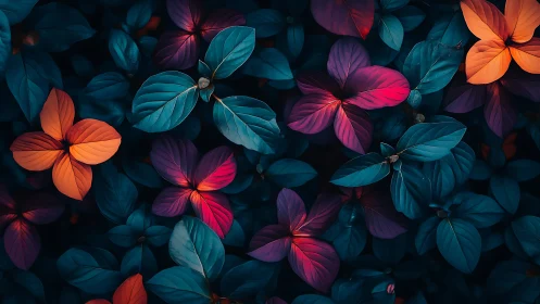 Neon Floral Composition with Vibrant Petals and Leaves.