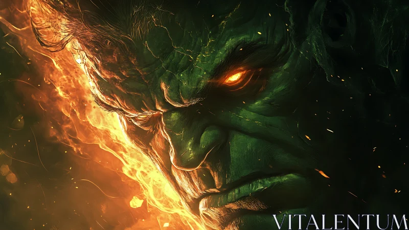Fierce green titan framed by blazing molten light.