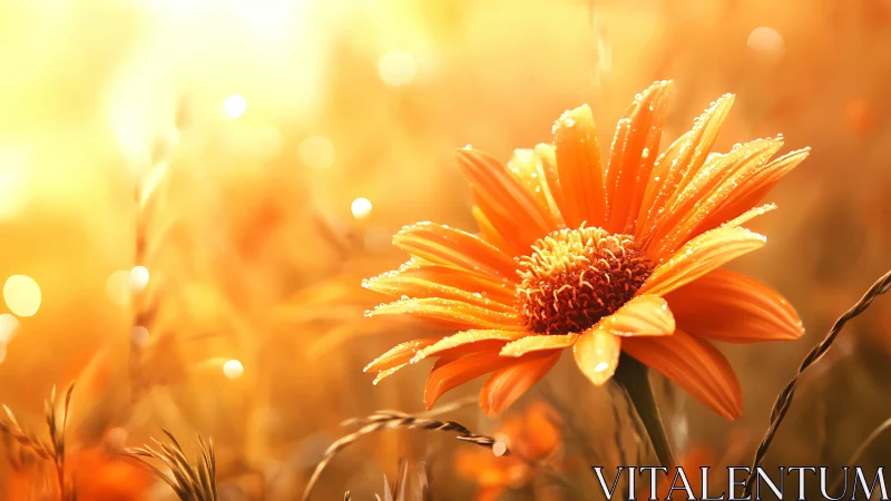 Orange daisy glows against sunlit golden bokeh field