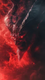 Dramatic horned demon emerging from swirling red mist.
