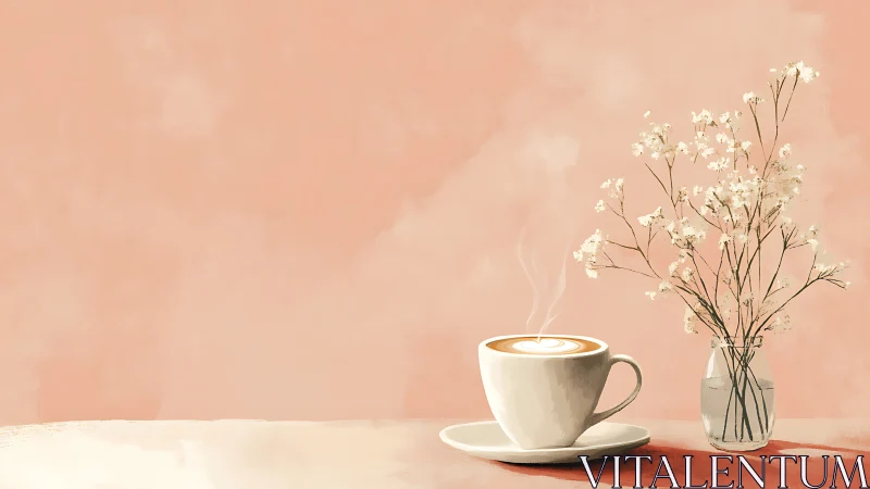 Latte cup and glass vase on muted peach background.