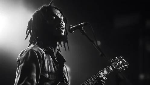 Singer with guitar performs under dramatic stage spotlight