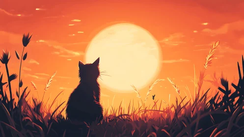 Backlit cat silhouette observing oversized stylized sunset disk