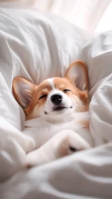 Cozy corgi nestled in white bedding, serene morning light.