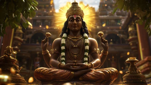 Seated four-armed deity statue glows before ornate temple