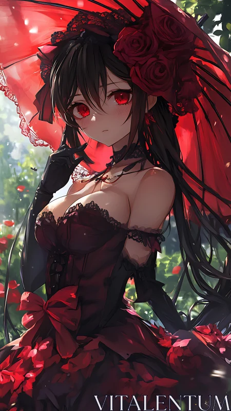 Crimson-eyed gothic maiden beneath ornate red parasol.