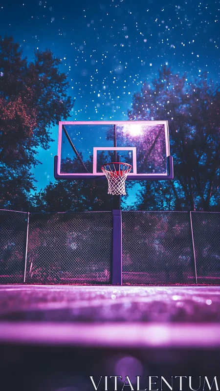Outdoor basketball hoop under night sky with vivid lighting.