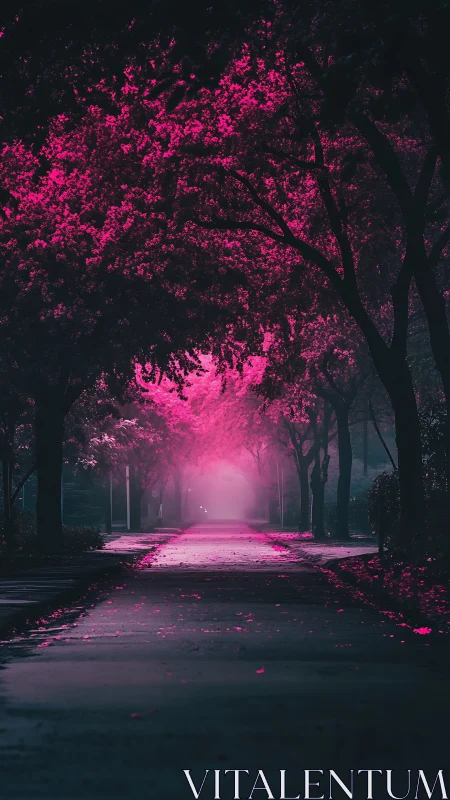 Midnight walk beneath glowing pink dream trees.