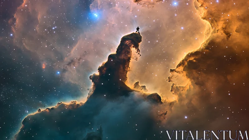 Silhouetted figure stands on nebular ridge amid dense starlight