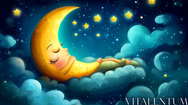 Sleeping crescent moon cradles dreams in painted starlight