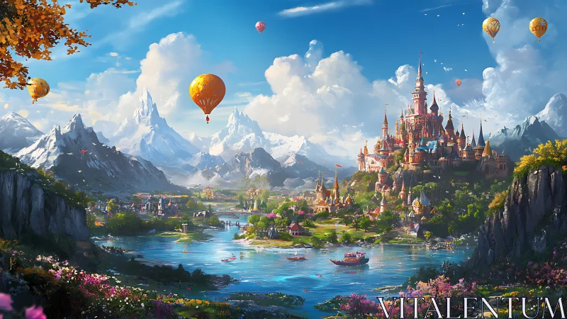 Fantasy castle city sits by a lake beneath hot air balloons