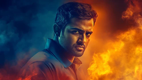 Intense fiery portrait framed by bold blue and orange light.