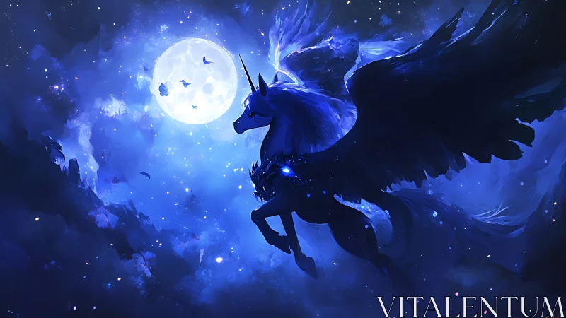 Luminous winged unicorn soars through a moonlit nebula sky.