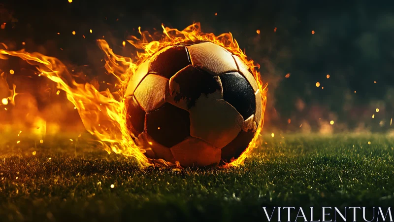 Flaming soccer ball ignites wet turf under cinematic side light