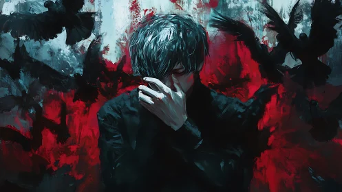 Solitary figure amid crows rendered in expressive digital strokes