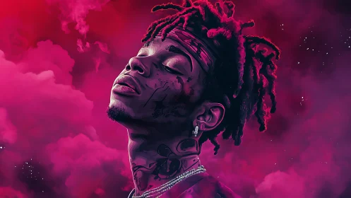 Rap portrait in pink and purple digital vapor clouds.