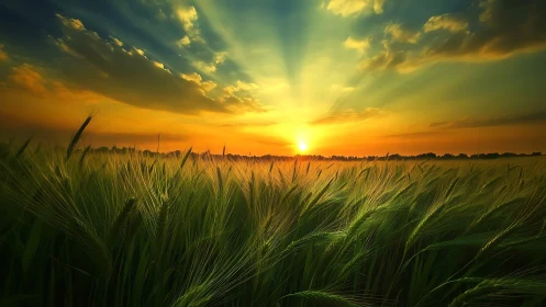 Golden sunrise over a peaceful, wind-kissed green field.