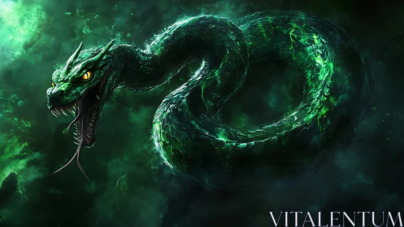 Emerald serpent surges through stormy void in vivid detail