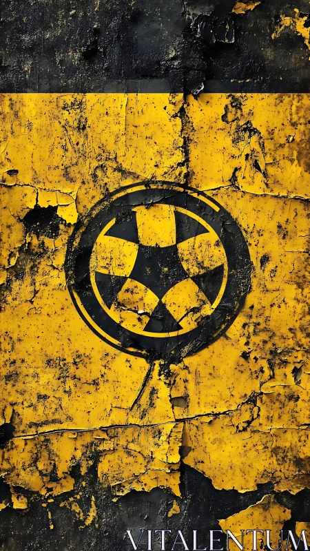 Weathered hazard symbol on bold yellow peeling paint.