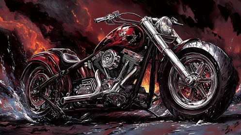Custom chopper motorcycle roars through stylized fire storm
