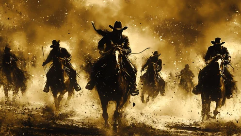 Cowboys charge through golden dust in a dramatic frontier scene