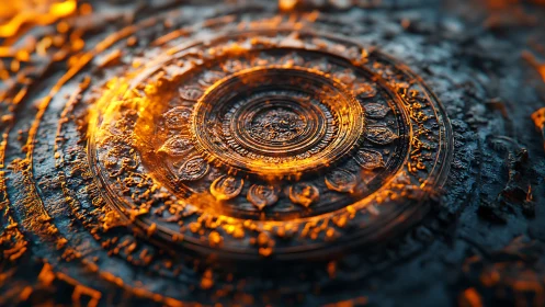 Luminous circular glyph with molten orange accents in relief.