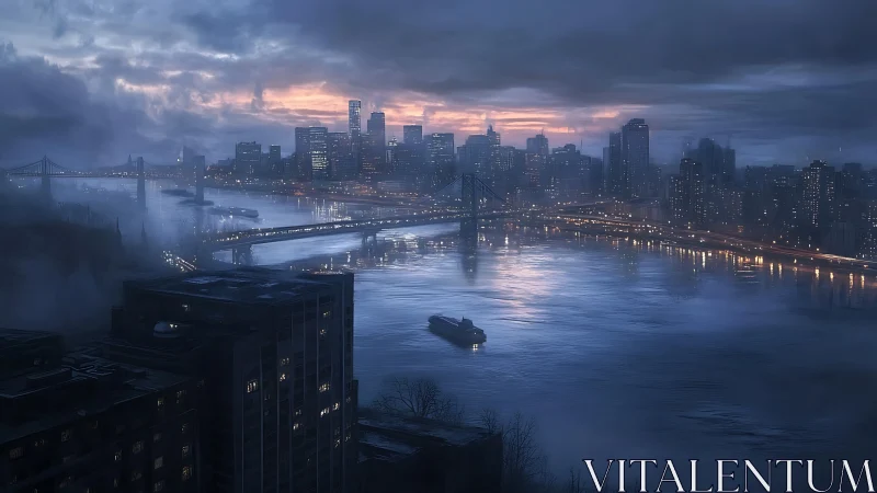 Foggy river cityscape glows under stormy dawn sky.