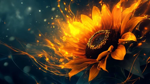 Sunflower of living fire glowing warmly in the night sky.