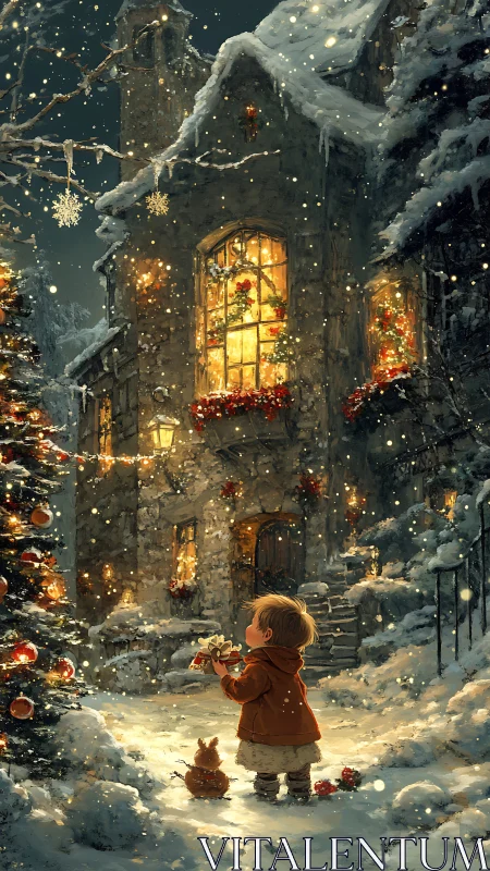 Child in snowlit courtyard before glowing winter cottage.