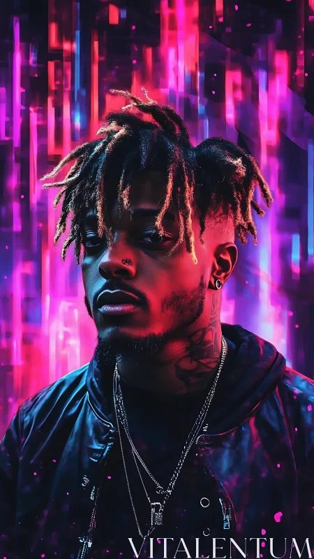Neon cyberpunk portrait with vivid magenta light trails.
