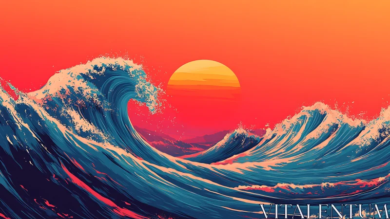 Neon sunset waves curling toward stylized distant horizon.