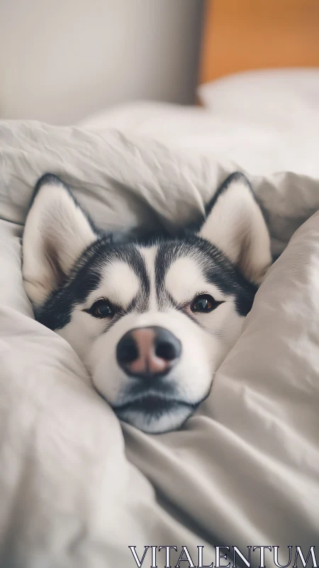 Siberian husky lies partially covered under light bedding