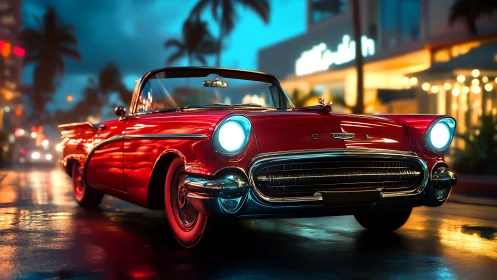 Classic red convertible glows on neon-lit city boulevard.