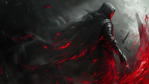 Hooded armored figure amid swirling red and black energy.