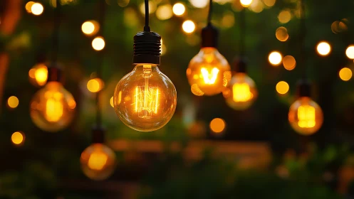 Twilight garden aglow with golden bistro bulbs and soft bokeh.