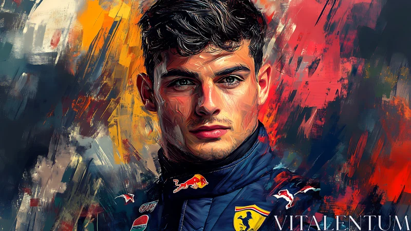 Chromatic racing portrait with gestural impasto brush dynamics.