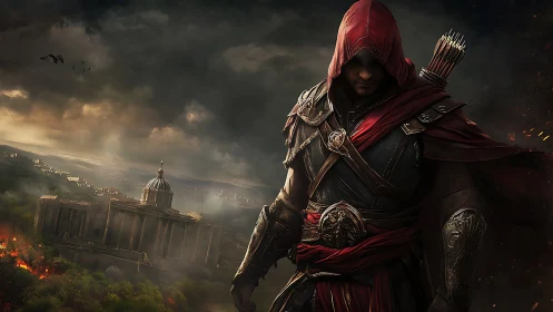 Hooded medieval archer overlooking burning classical cityscape