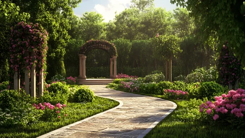 Sunlit stone path winding through a dreamy rose garden.