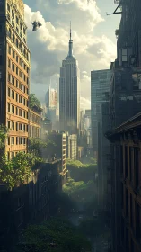 Overgrown city canyon beneath towering retrofuturist spire.