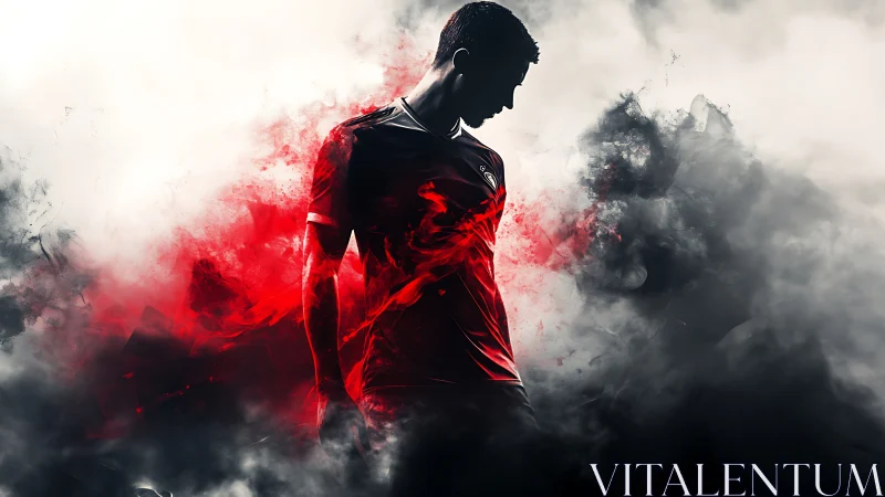 Silhouetted footballer in red jersey amid smoky contrast.