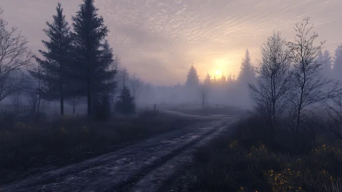 Foggy rural dirt road in conifer woodland at sunrise.